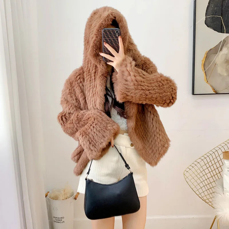 Luxurious Rabbit Fur Knit Hooded Coat