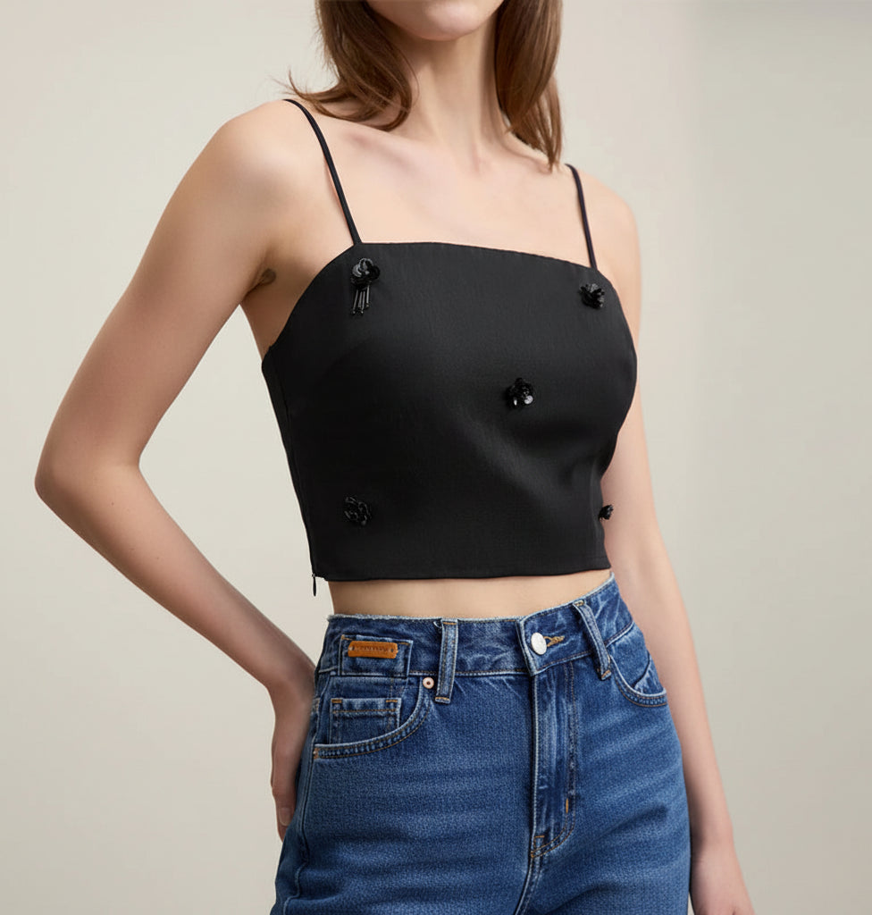 Amii Women's Camisole 2026 Spring New Casual Bead Women's Sleeveless Vest Square Neck Inner Wear Straps Short Slim Top 12621025 Loran