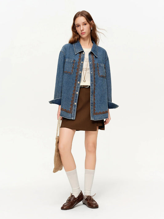 DUSHU Blue Contrast Embroidered Lace Denim Jacket 2026 Spring New Arrival Stylish Denim Outerwear Women Long Sleeved Cotton Coat Loran