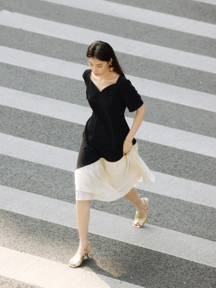Contrast Fishtail Party Dress Short Sleeve Summer Style Loran