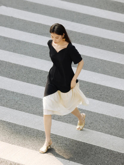 Contrast Fishtail Party Dress Short Sleeve Summer Style Loran