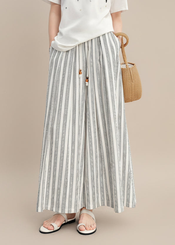 Cotton-Linen Wide Leg Pants Striped Resort Wear