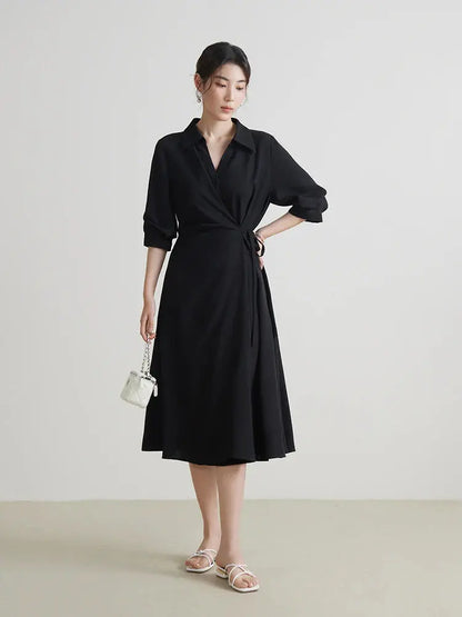 Temperament Black A-Line Drape Dress with Turn-down Collar - Loran