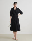 Temperament Black A-Line Drape Dress with Turn-down Collar