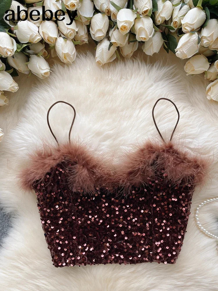 Elegant Glitter Sequins Furry Camis Sexy Fashion Vest Top