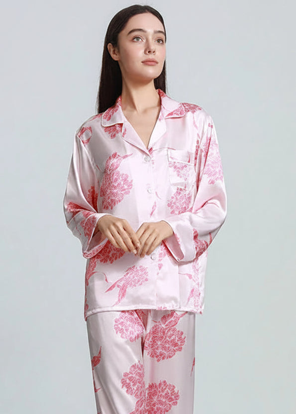 FIMTAIRAH 6A 19MM  Printed Floral  Home Suit   Real Silk Pajamas Set  100% Silk Pajamas For Women Female Spring Loran