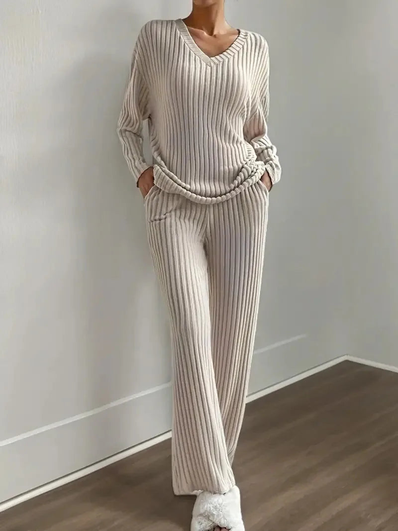 Women's Ribbed Knit Set - V-Neck Sweater & Pants
