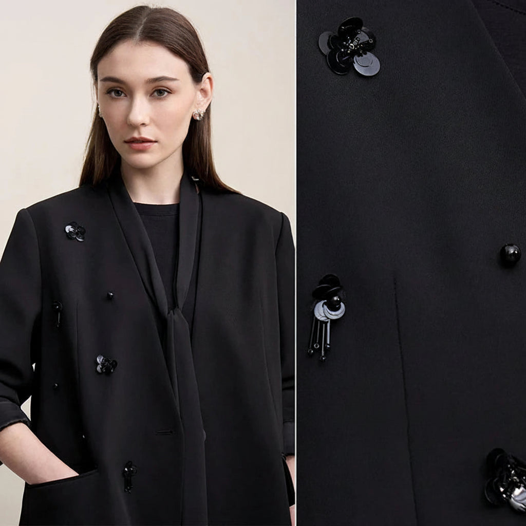 Amii Women's Jacket 2026 Spring New Elegant Commuter Beaded Flower Chiffon Streamer Tie Blazers Solid Loose V-Neck Top 12641078 Loran