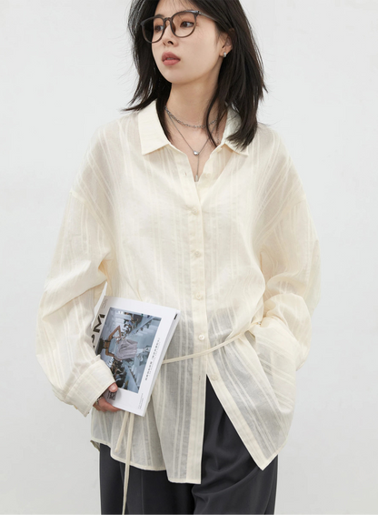 Textured Striped Waist Shirt Long Sleeve Summer Blouse Loran