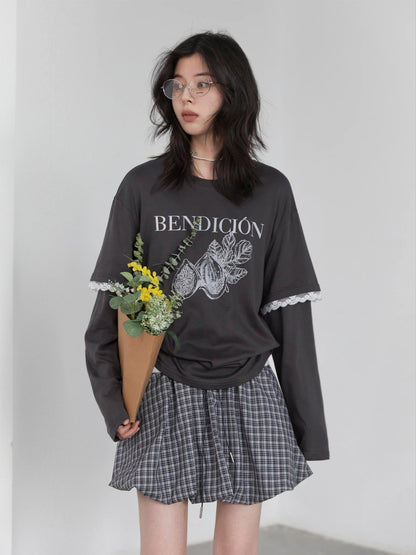 Cotton Letter Print T-Shirt Lace Patchwork Tee Loran