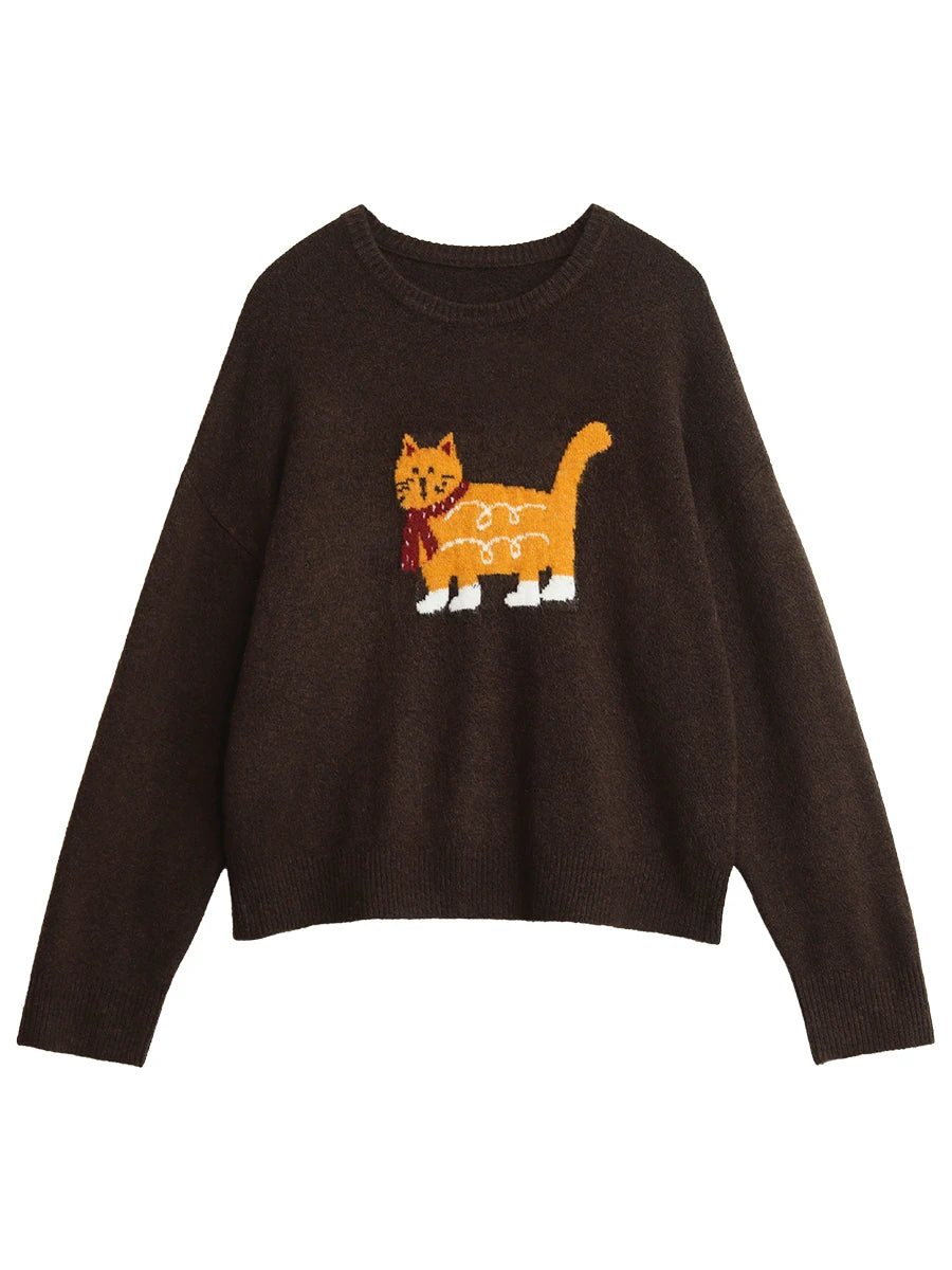 CHIC VEN New Women Sweaters Loose Casual O Neck Cartoon Cat Female Knitted Jumpers Pullovers for Girl Autumn Winter 2025 Loran