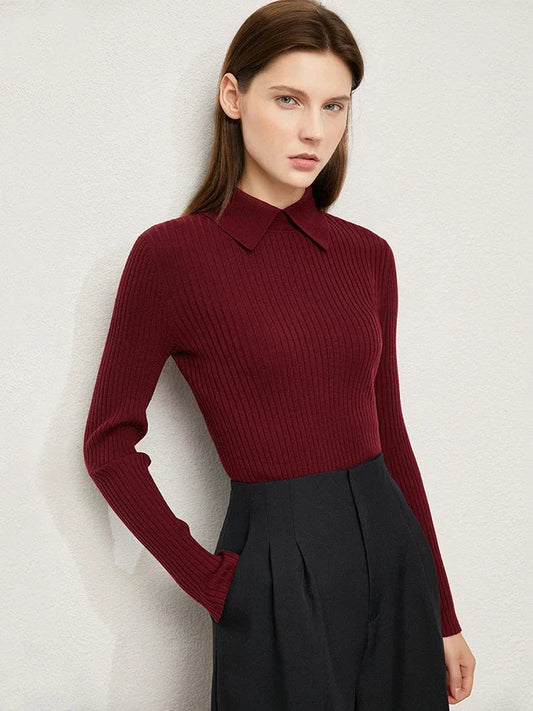 Amii Minimalism 2024 Sweater for Women Autumn New Office Lady Basic Lapel Striped Slim Knitted Tops Solid Trendy Blouse 12444058 Loran