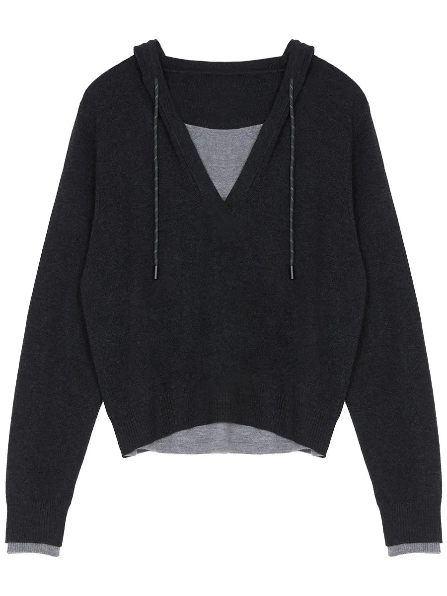Casual Contrast Color Hooded Pullover - Loose Knit Sweater Loran