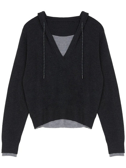 Casual Contrast Color Hooded Pullover - Loose Knit Sweater Loran