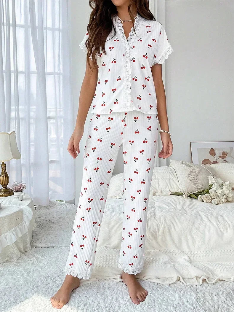 2-Piece Cherry Print Pajamas with Lace Trim.