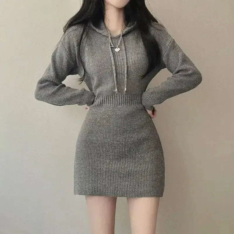 Chic High-Waist Bandage Knit Dress with Hood - Loran