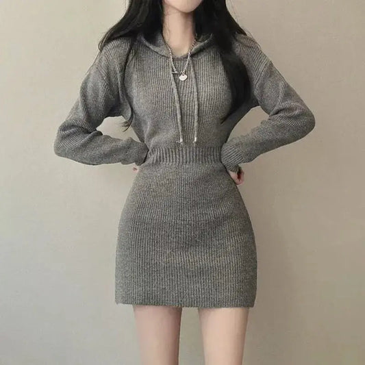 Chic High-Waist Bandage Knit Dress with Hood - Loran
