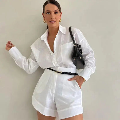 Cotton Linen Shirt & High-Waist Shorts Set Loran