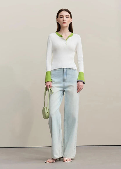 Amii Women's Sweater 2026 Spring New Commuter Round Neck Contrasting Color Knitted Sweater Button Half-placket Slim Top 12621047 Loran