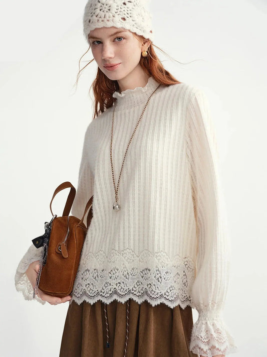 Women's Autumn Fairycore Lace Top – Loose & Elegant Pullover LORAN STORE