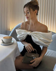 47716877238587|47716877271355|47716877304123|47716877336891 Elegant Bow Off-the-shoulder Satin Mini Dress 