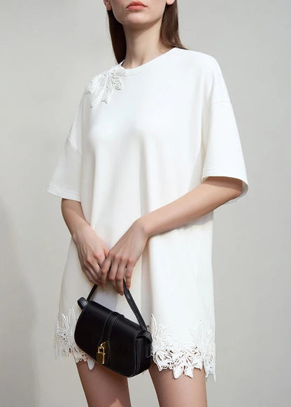 Amii Women's T-shirt 2026 Spring New O-neck Drop Shoulder Short Sleeve Patchwork Lace Cotton T-shirt Women's Loose Top 12611010 Loran