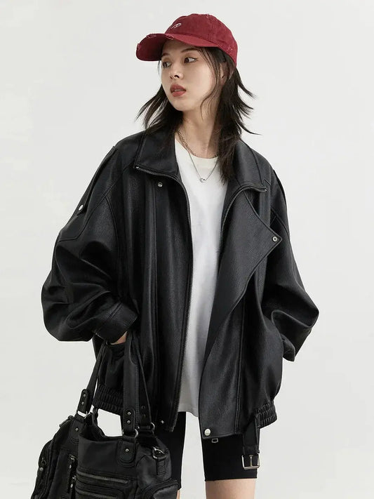 Chic Faux Leather Standing Collar Jacket - Loran