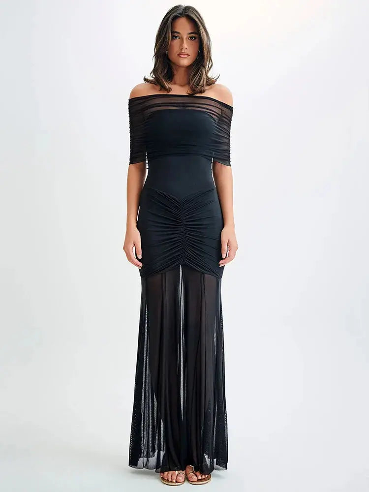 Backless Mesh Bodycon Long Dress - Loran