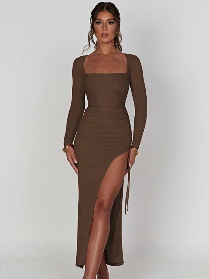 Long Sleeve Ruched High Split Maxi Dress - 3IN SMART Shop  #