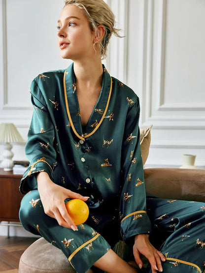 Mulberry Silk Kitty Pyjama Set Autumn Nightwear Loran