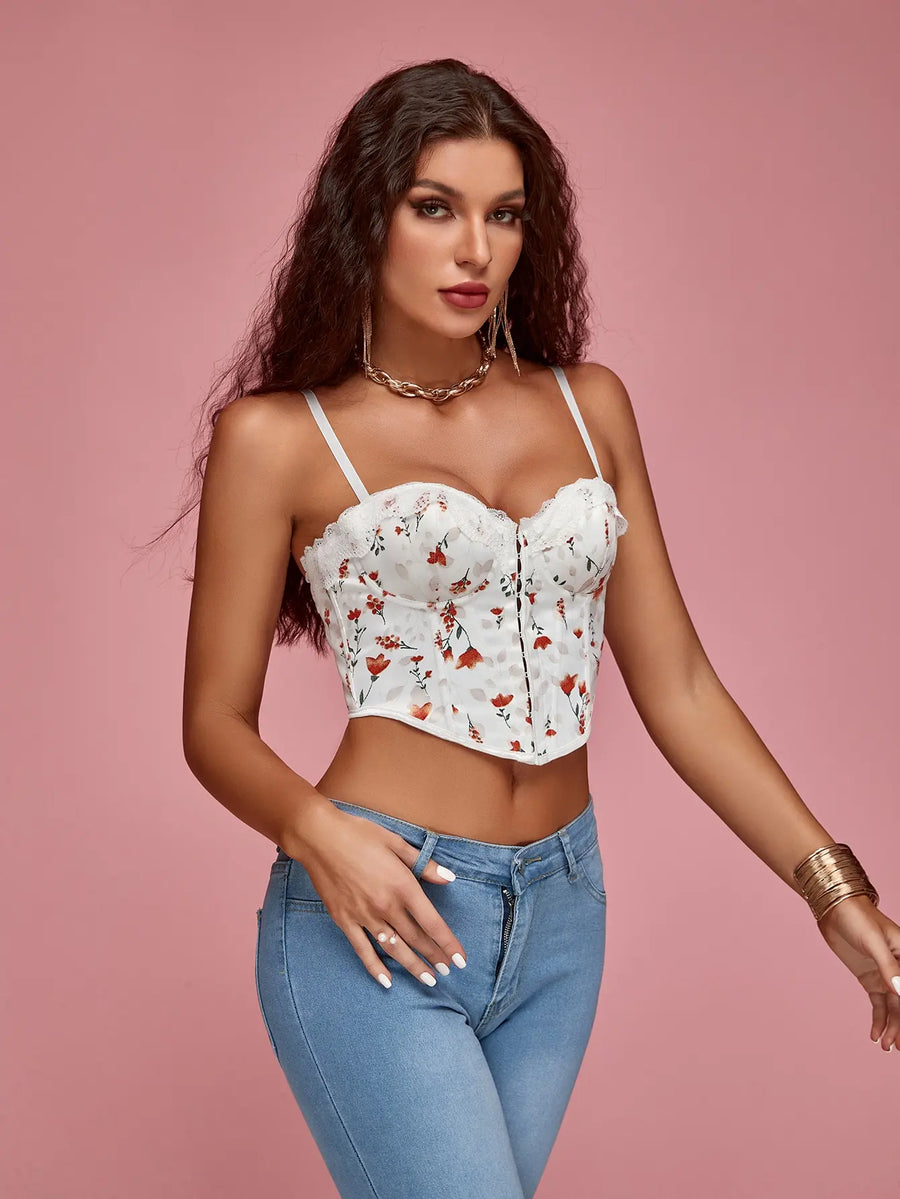 Sexy Women Vest Floral Print Fishbone Detail Cami Cropped