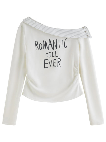 Women's Asymmetric Stripe Long Sleeve T-Shirt Letter Print Top Loran