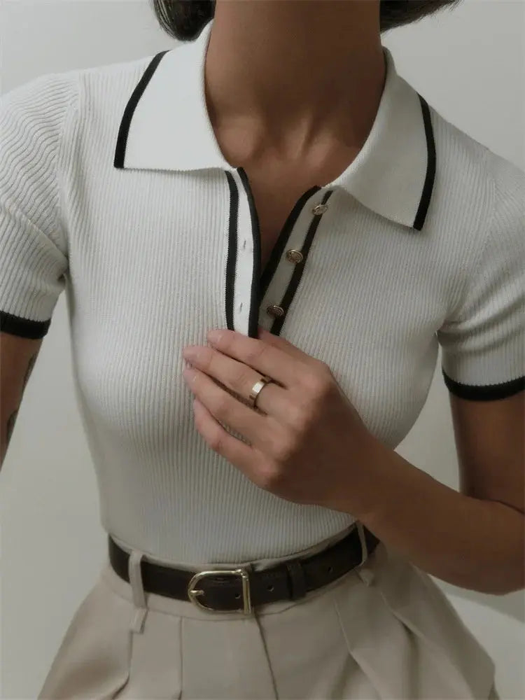 Contrast Patchwork Knit Top with Lapel Collar - Loran