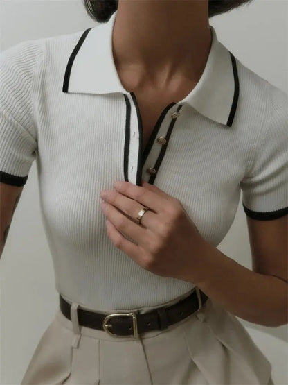 Contrast Patchwork Knit Top with Lapel Collar - Loran