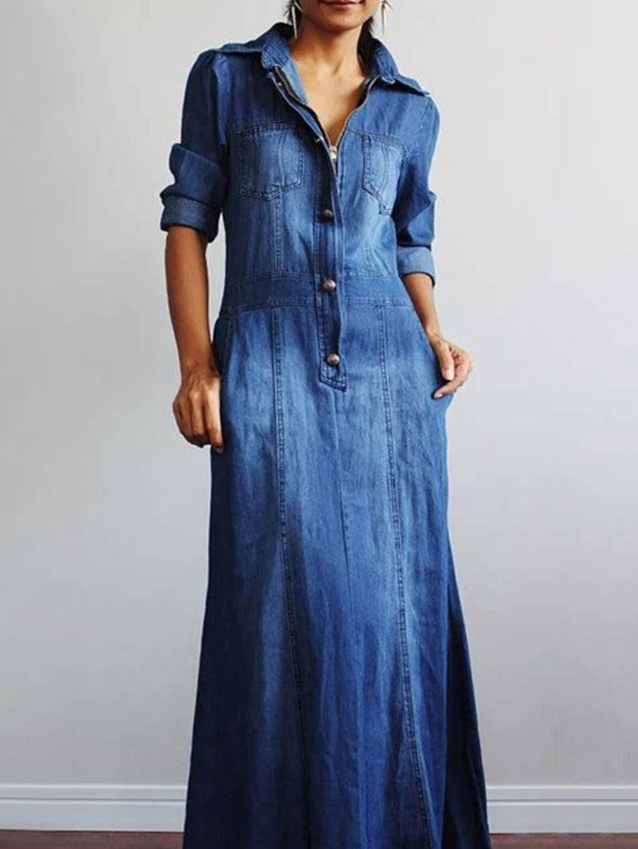 Maxi Denim Dress Long Sleeve - 3IN SMART Shop  #