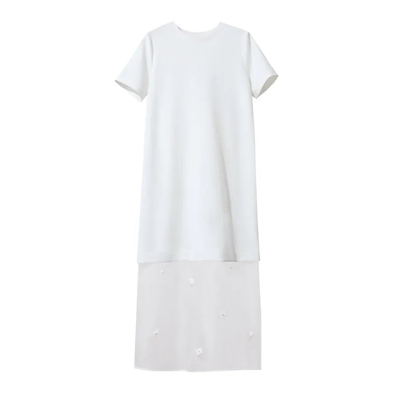 Amii Long Dresses 2026 Spring New Round Neck Short Sleeve Patchwork Women's Dress Removable Organza Elegant Dress Women 12651024 Loran