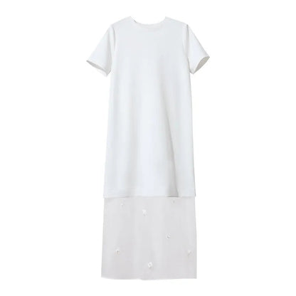 Amii Long Dresses 2026 Spring New Round Neck Short Sleeve Patchwork Women's Dress Removable Organza Elegant Dress Women 12651024 Loran