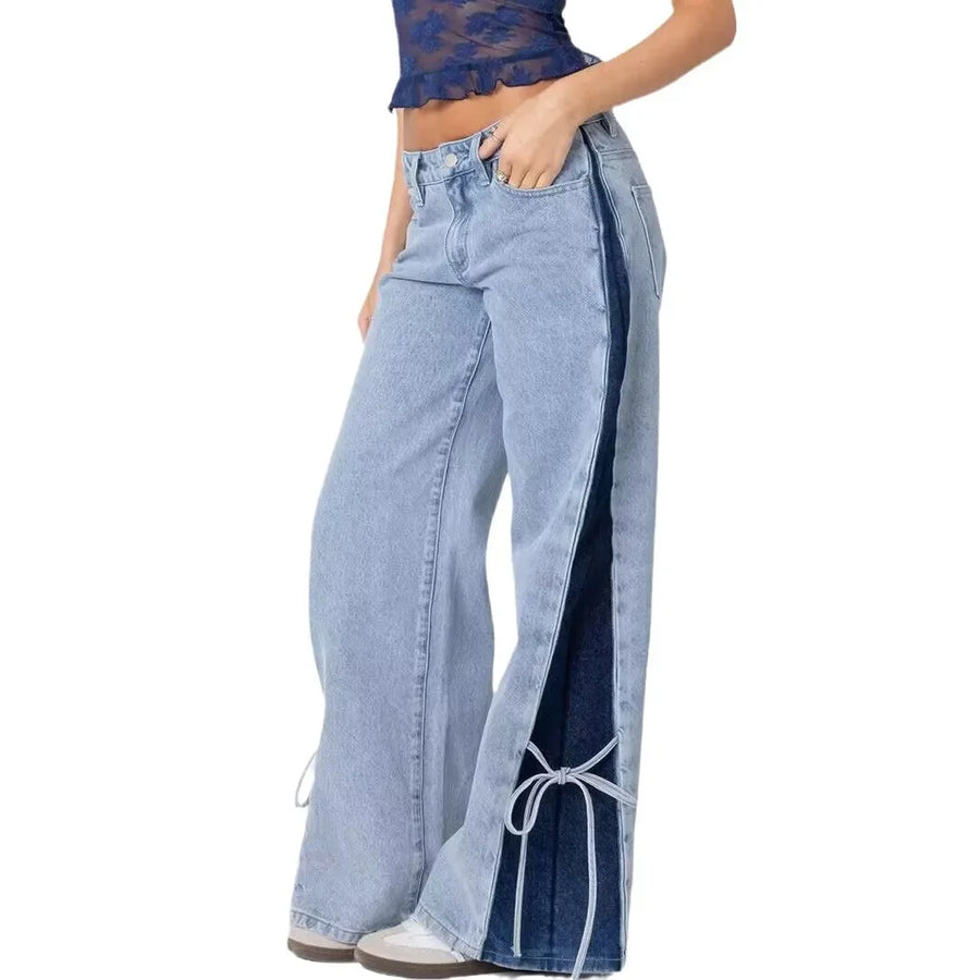 Patchwork Lace-Up Wide-Leg Trousers