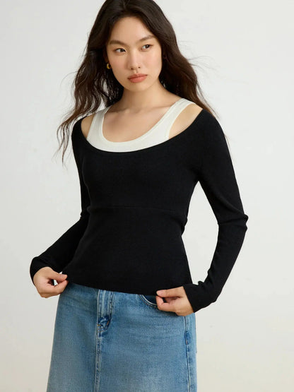 Chic Plus Size Contrasting Color Faux 2-Piece Sweater Top - Loran