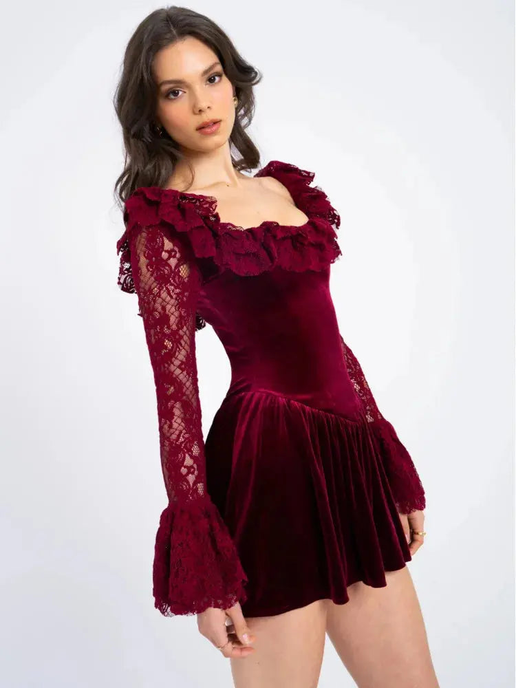 Backless Lace Mini Dress with Square Neck and Lace-Up Detail - Loran