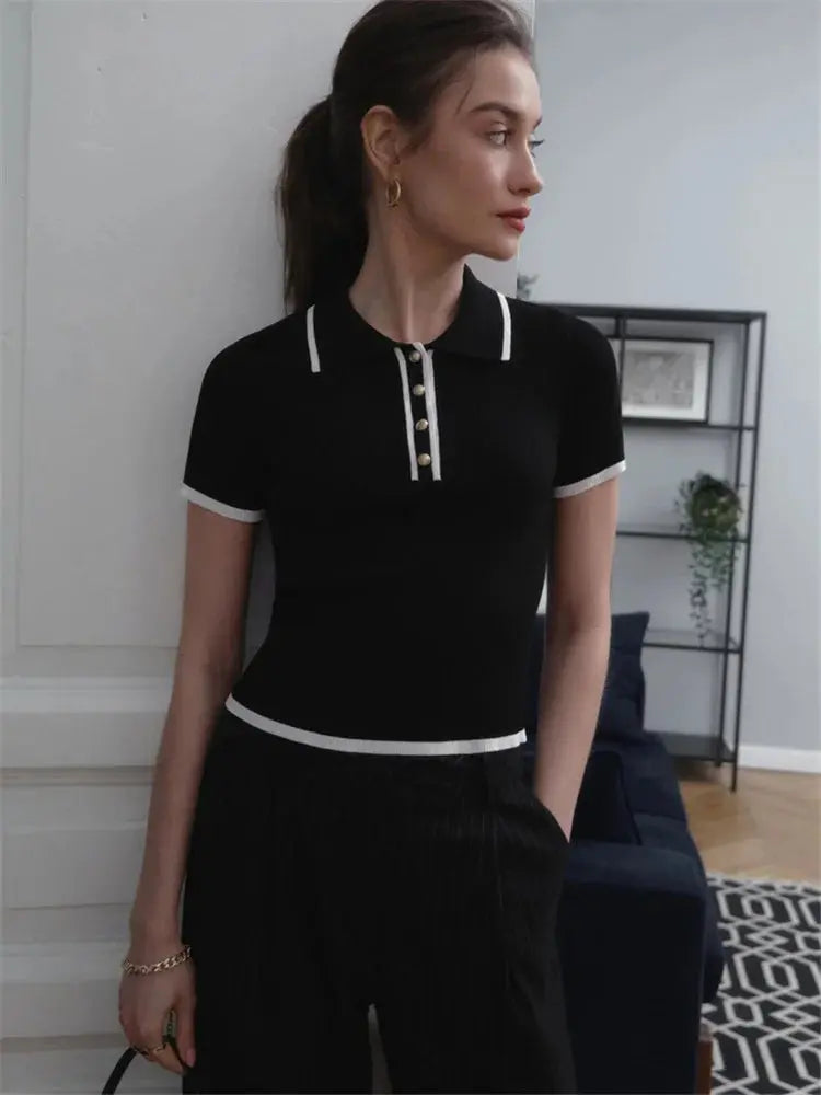 Contrast Patchwork Knit Top with Lapel Collar - Loran