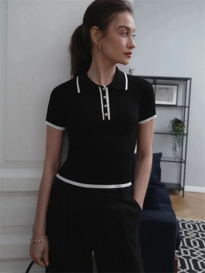 Contrast Patchwork Knit Top with Lapel Collar - Loran