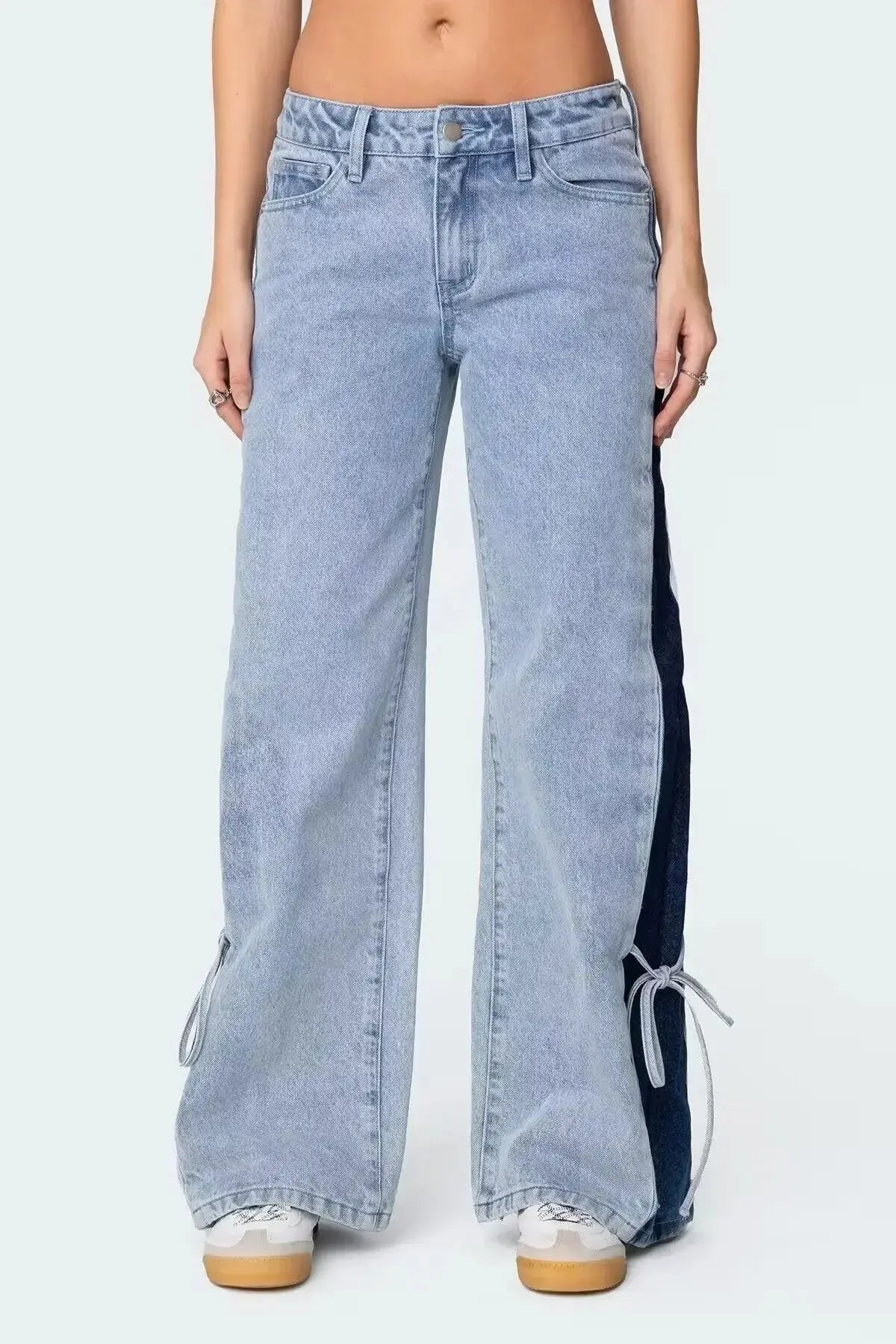Patchwork Lace-Up Wide-Leg Trousers - Loran