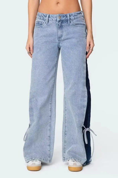 Patchwork Lace-Up Wide-Leg Trousers - Loran