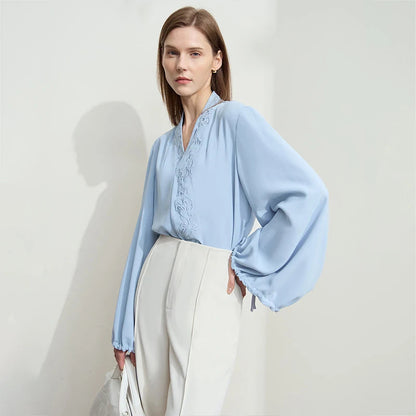 Amii Chiffon Women's Blouse 2025 Autumn New V-neck Letter Embroidered Top Elegant Lantern Sleeve Loose Women's Shirt 12421028 Loran