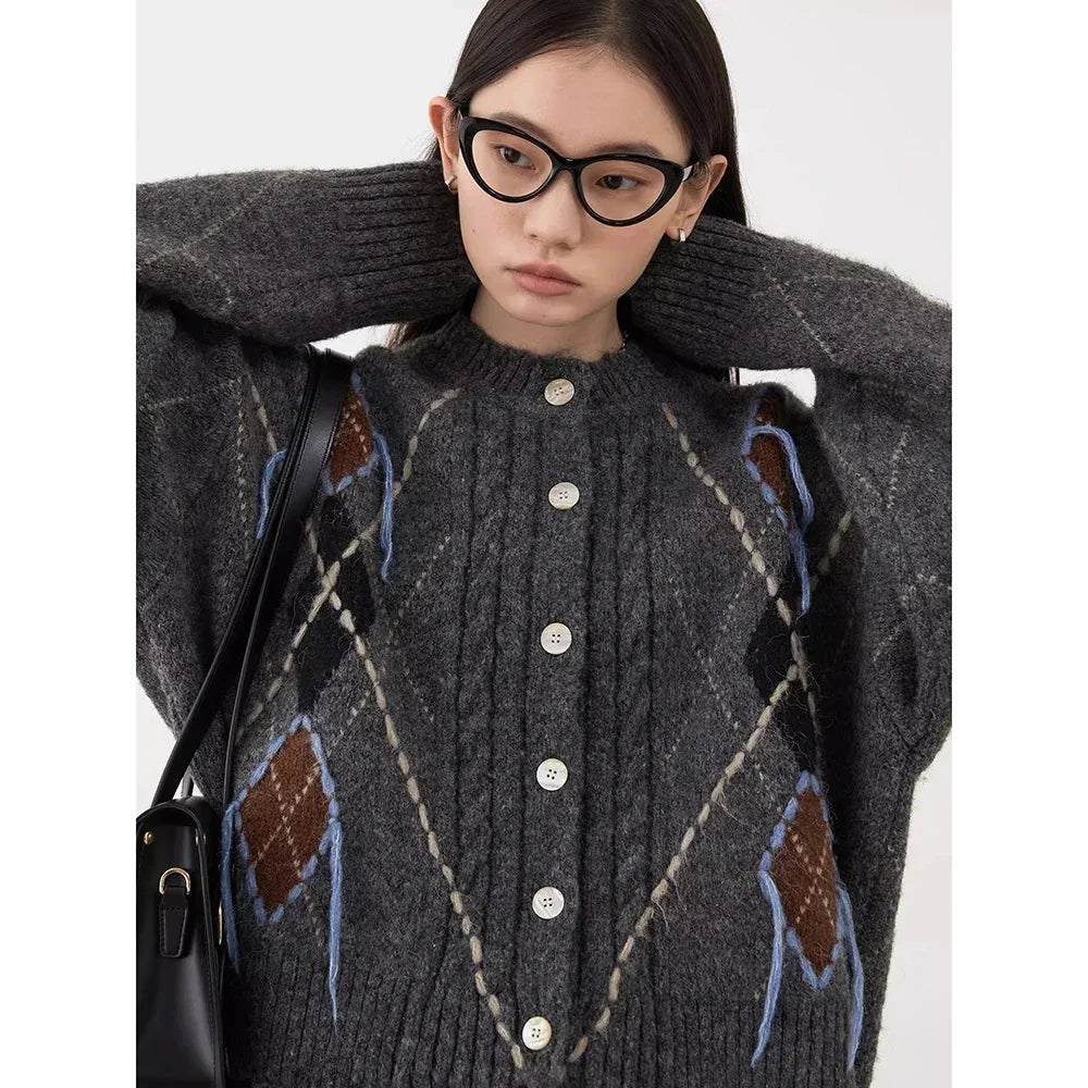 CHIC VEN Women's Knitted Cardigan Warm Loose Vintage Sweater Colorful Diamond Pattern Female Jumpers Autumn Winter Clothes 2024 Loran