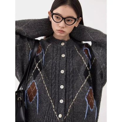 CHIC VEN Women's Knitted Cardigan Warm Loose Vintage Sweater Colorful Diamond Pattern Female Jumpers Autumn Winter Clothes 2024 Loran