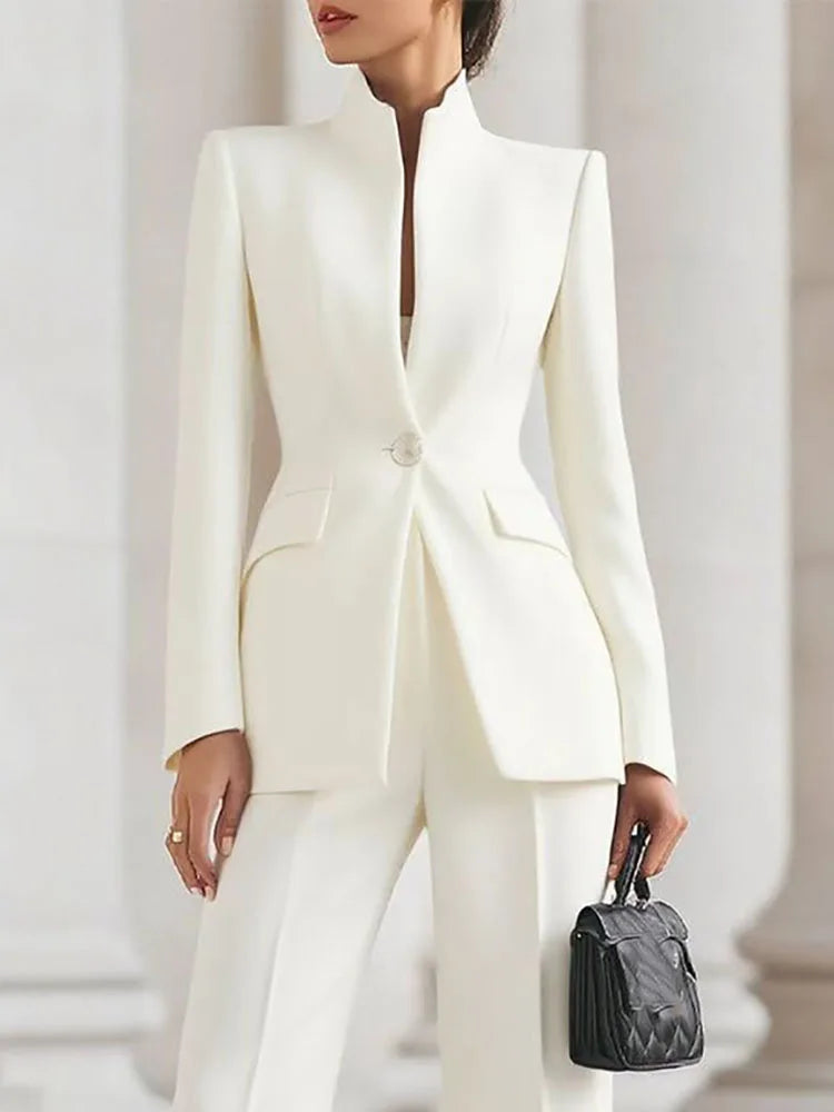 Elegant Long Sleeved Blazer+Pants Suit Autumn Simple Solid Color Commuting Outfit Women's Temperament Slim Fit Professional Set Loran