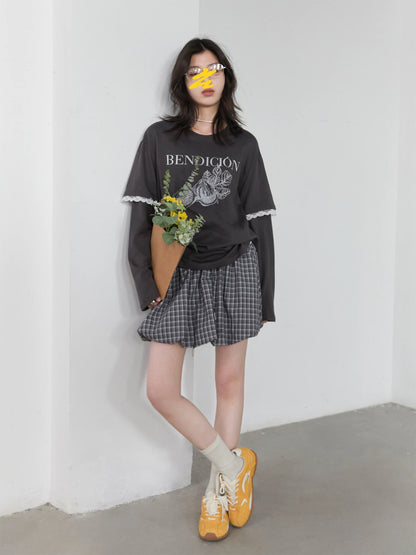 Cotton Letter Print T-Shirt Lace Patchwork Tee Loran
