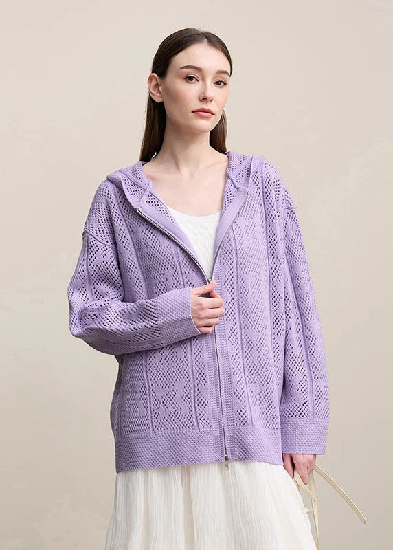 Amii Cardigan For Women 2026 Spring New Hollow Jacquard Wool Knitted Cardigan Casual Hooded Dual Zippers Loose Tops 12651032 Loran